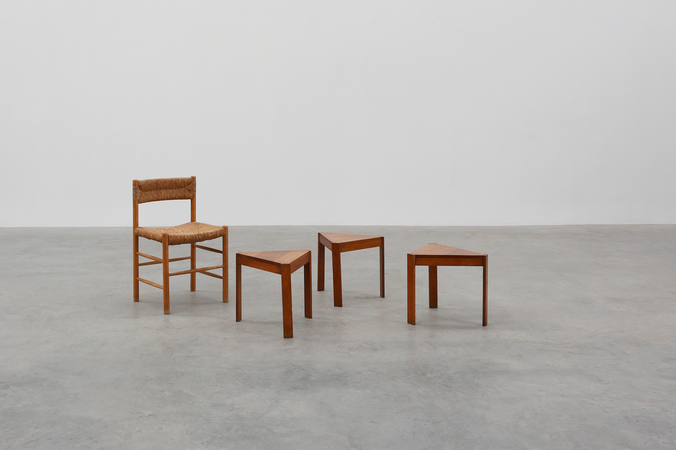 Set of 3 oak wooden triangular nesting or modular tables, France ca. 1960thumbnail